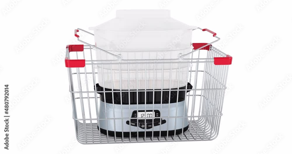 Poster food steamer adding to shopping basket, 3d animation. 3d rendering