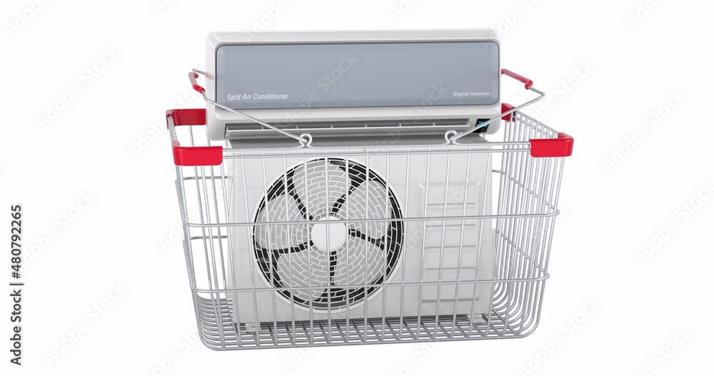 Poster air conditioner system adding to shopping basket, 3d animation. 3d rendering