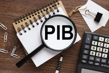 Word PIB. magnifier on notepad with place for text. business concept