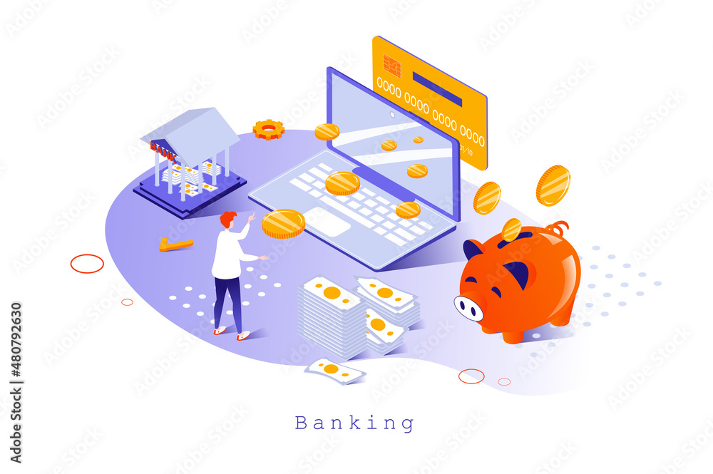 Poster banking concept in 3d isometric design. customer using digital wallet and personal financial account