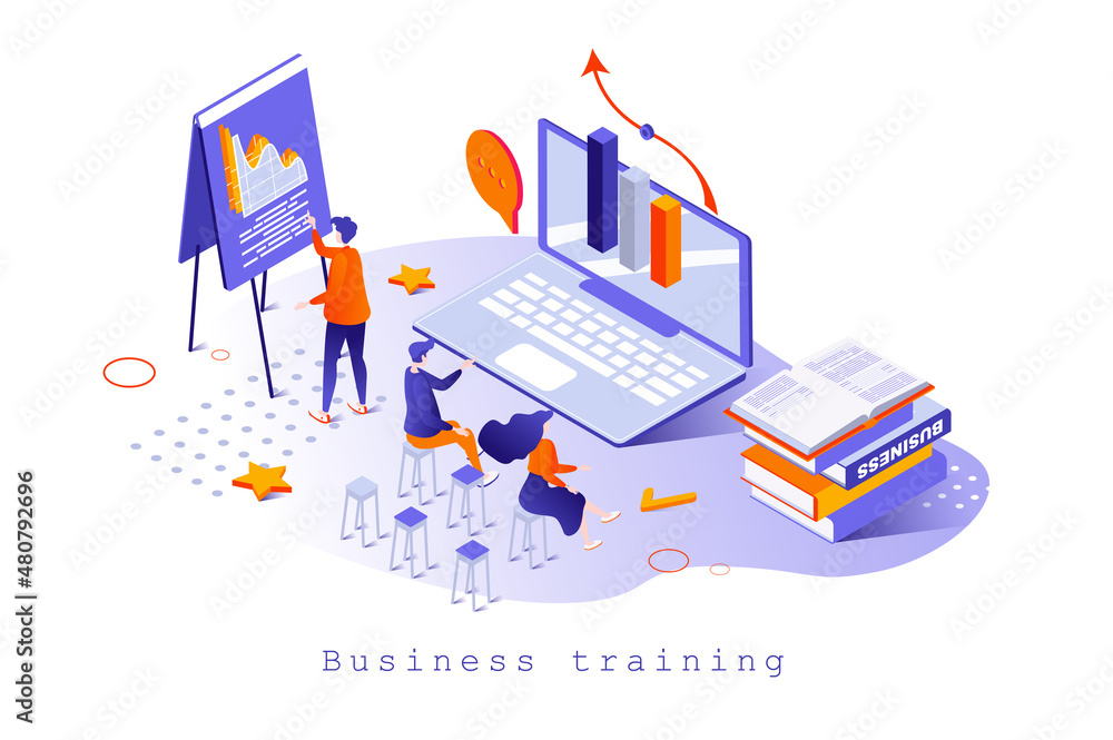 Fototapete Business training concept in 3d isometric design. Employees learning at coach lecture, mentoring and consulting, career development, web template with people scene. Vector illustration for webpage