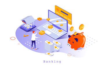 Banking concept in 3d isometric design. Customer using digital wallet and personal financial account, making transactions and paying, web template with people scene. Vector illustration for webpage