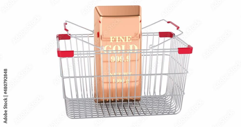 Poster gold ingot adding to shopping basket, 3d animation. 3d rendering