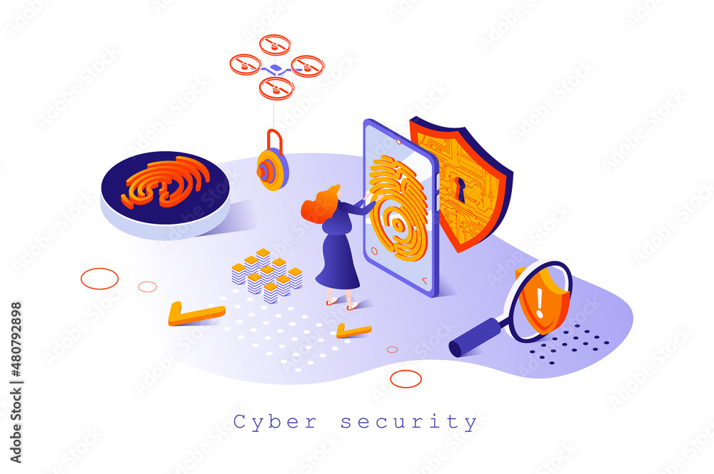 Wall mural cyber security concept in 3d isometric design. protection of personal data on internet, user identif