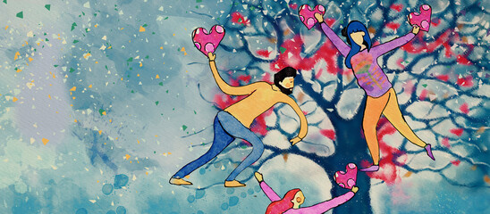 Blue tree. Happy Valentines Day.Watercolor design element