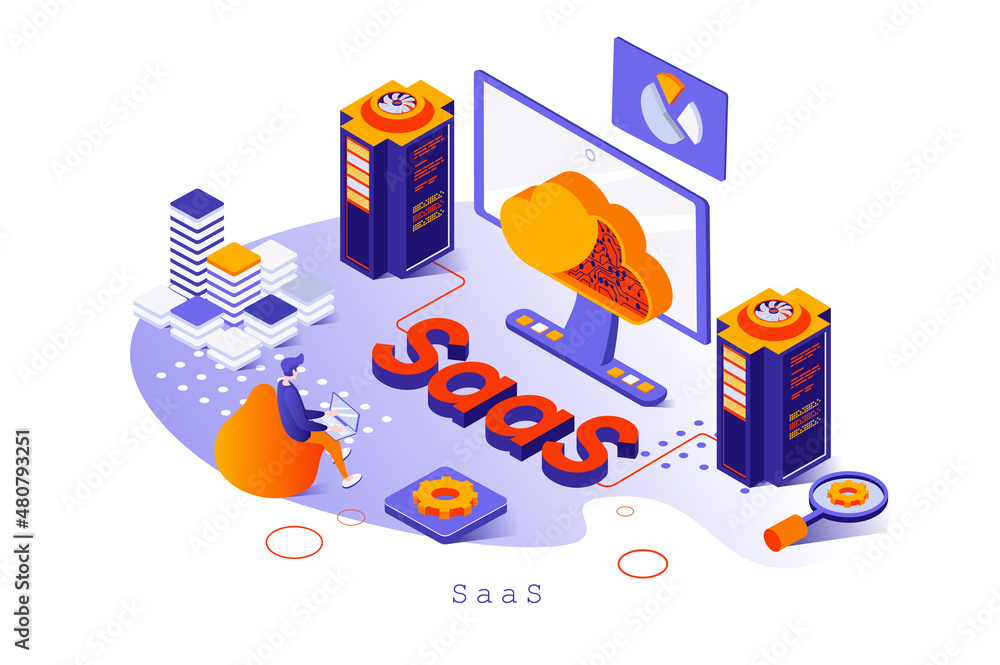 Poster saas concept in 3d isometric design. users subscribe to software and purchasing licenses, using clou
