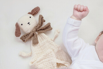 baby lying in bed with soft muslin cuddly toy - obrazy, fototapety, plakaty