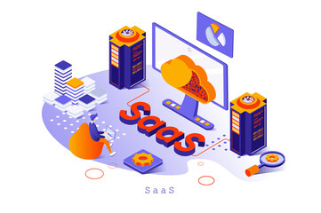 SaaS concept in 3d isometric design. Users subscribe to software and purchasing licenses, using cloud computing and storage platform, web template with people scene. Vector illustration for webpage - obrazy, fototapety, plakaty