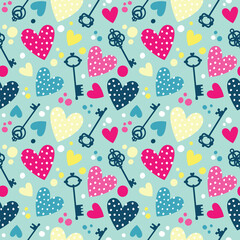 Seamless pattern with polka dot hearts and keys.