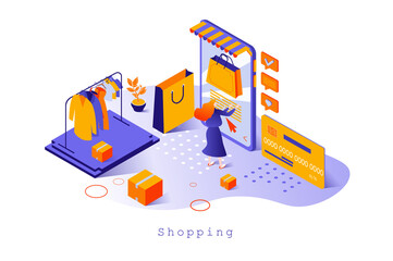 Shopping concept in 3d isometric design. Customer making purchases at mobile app, choosing products and buying online with credit card, web template with people scene. Vector illustration for webpage