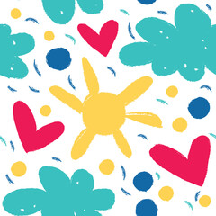 Seamless pattern with sun, hearts, clouds and flowers. The cute backdrop is great for baby clothes, wallpapers, prints, fabrics and other surfaces.