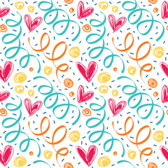 Seamless pattern with hearts, serpentine and confetti.