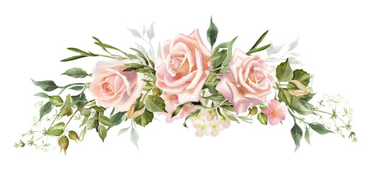Watercolor blush rose flowers wreath.  Design perfect for wedding invitation, poster, greeting cards. Hand drawing floral illustration isolated on a white background