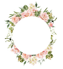 Rose flower wreath.  Watercolor blush flowers. Design perfect for wedding invitation, logo, greeting cards. Hand drawing floral illustration isolated on a white background