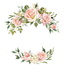 Rose flower wreath.  Watercolor blush flowers. Design perfect for wedding invitation, logo, greeting cards. Hand drawing floral illustration isolated on a white background