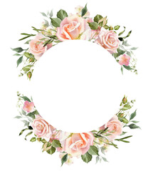 Rose flower wreath.  Watercolor blush flowers. Design perfect for wedding invitation, logo, greeting cards. Hand drawing floral illustration isolated on a white background