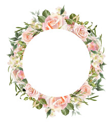 Rose flower wreath.  Watercolor blush flowers. Design perfect for wedding invitation, logo, greeting cards. Hand drawing floral illustration isolated on a white background