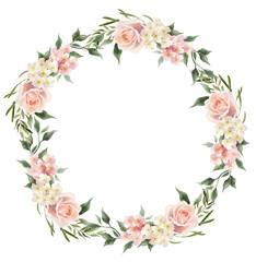 Rose flower wreath.  Watercolor blush flowers. Design perfect for wedding invitation, logo, greeting cards. Hand drawing floral illustration isolated on a white background
