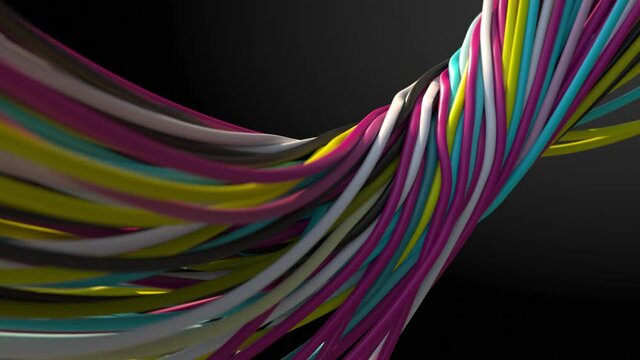 Many electrical multi-colored wires are intertwined into a single stream. Wires move, intertwine. Beautiful 3D animation, background.