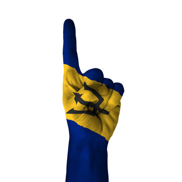 Hand pointing thumb up direction, barbados painted with flag as symbol of up direction, first and number one symbol - isolated on white background