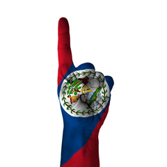 Hand pointing thumb up direction, belize painted with flag as symbol of up direction, first and...