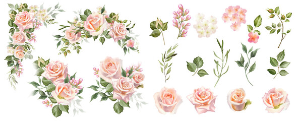 Watercolor blush rose flowers clipart. Bouquet, wreath and elements set. Design perfect for wedding invitation, poster, greeting cards. Hand painted floral illustration isolated on a white background