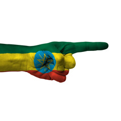 Hand pointing right side, ethiopia painted with flag as symbol of right direction, forward - isolated on white background