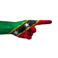 Hand pointing right side, saint kitts and nevis painted with flag as symbol of right direction, forward - isolated on white background