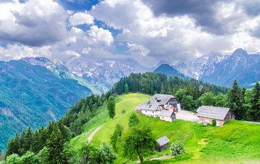 Mountain landscape, Alps in Slovenia with farm next to Logarska dolina © streetflash