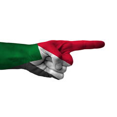 Hand pointing right side, sudan painted with flag as symbol of right direction, forward - isolated...