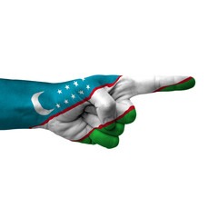 Hand pointing right side, uzbekistan painted with flag as symbol of right direction, forward - isolated on white background