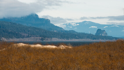 A view of sand dunes in winter in the Columbia River Gorge.