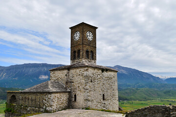Fototapeta premium The Clock Tower of the Gjirokastra Castle, which is a UNESCO World Heritage Site. Gjirokastra, Albania