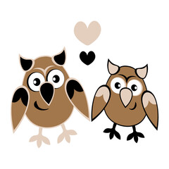 two owls in love with hearts. Cartoon birds. Pastiche. Children drawing