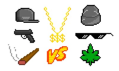 Cool pixel stuff of rapper. Hip hop baseball caps with gold chains with dollar sign and gun. Fashionable sunglasses and smoking jambs vc rap battle symbol black vector art.