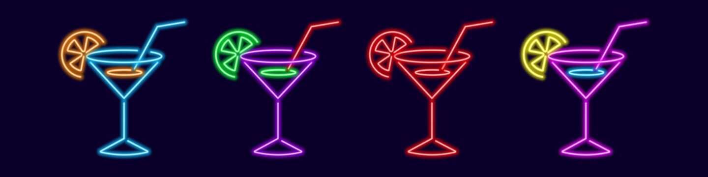 Glowing cocktails in neon martini glasses. Red knickerborker with lime wedge and magenta manhattan with lemon. Trendy purple margarita with shades of rich vector blue lagoon.
