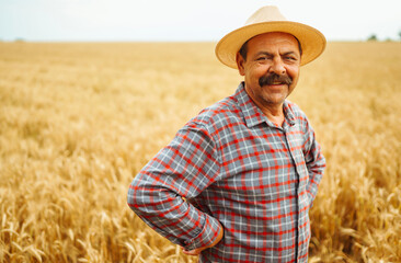 Farmer in the wheat field. Growth nature harvest. Agriculture, gardening or ecology concept.