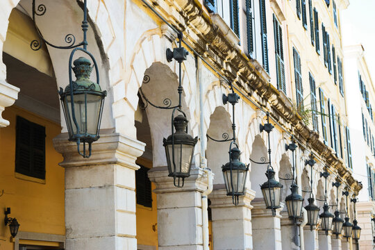 Lanterns of a famous building on Liston Street, Spianada Square, which attracts many tourists. Corfu, Greece