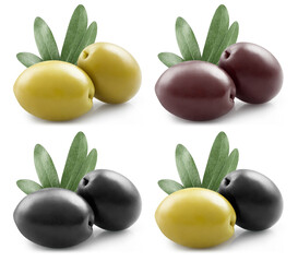 Green, brown and black olives collection, isolated on white background