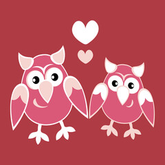 two owls in love with hearts. Cartoon birds. Pastiche. Children drawing