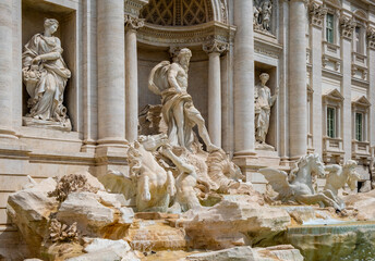 Fontana di Trevi Fountain by Nicola Salvi in front of Palazzo Poli Palace in Trevi quarter of historic Old Town city center of Rome in Italy