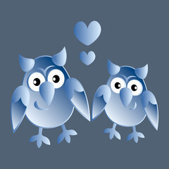 two owls in love with hearts. Cartoon birds. Pastiche. Children drawing