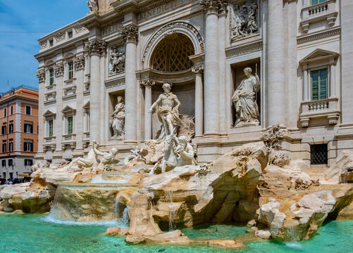 Fontana di Trevi Fountain by Nicola Salvi in front of Palazzo Poli Palace in Trevi quarter of historic Old Town city center of Rome in Italy