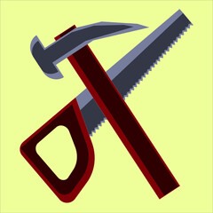 Hammer and saw. Construction tool. Sawing and driving instructor