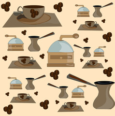 
Pattern with coffee, turk, coffee grinder