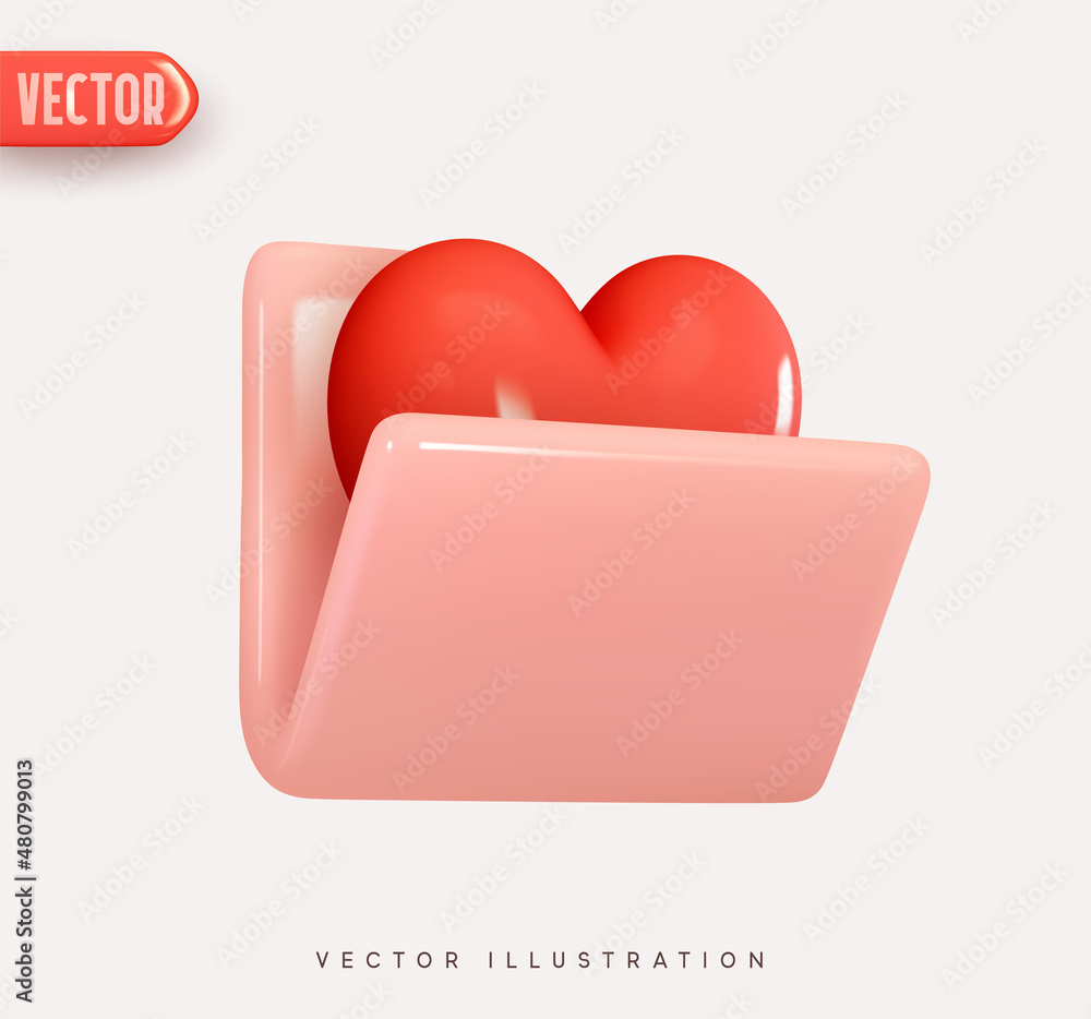 Poster pink file, open folder. 3d vector icon with red heart. realistic elements for romantic design