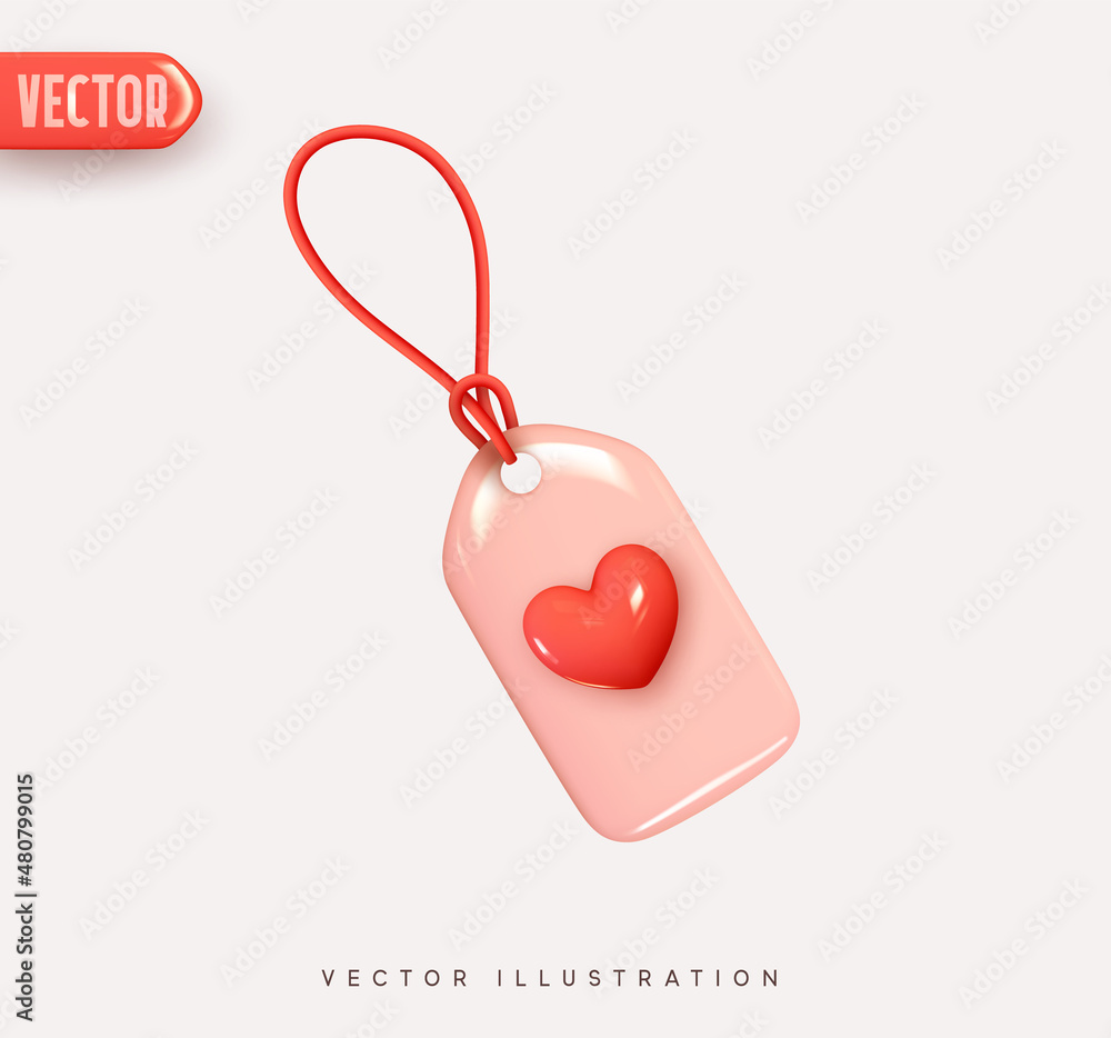 Poster label sale on strings 3d vector icon with red heart. realistic elements for romantic design