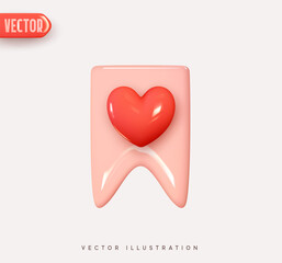 Bookmark ribbon. Label mark. Web save, add favorites sign flag. 3d vector Icon with red heart. Realistic Elements for romantic design