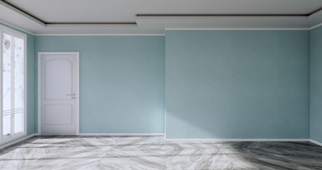 Empty room - Clean room ,Minimalist interior design, Mint wall on granite tiles floor. 3d rendering