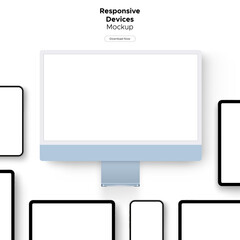 Responsive Devices Mockup for Showcasing Web Site or App Design. Computer Monitor, Tablet, Smartphone. Vector Illustration